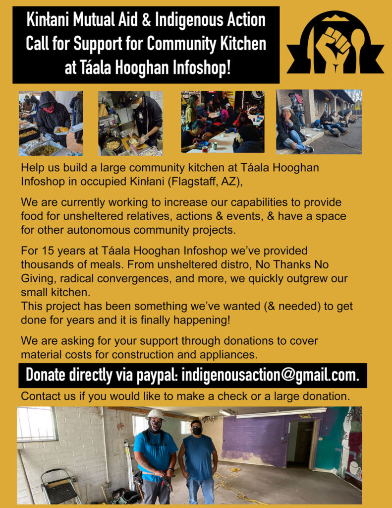 Kinłani Mutual Aid & Indigenous Action Call for Support  for Community Kitchen at Táala Hooghan Infoshop!